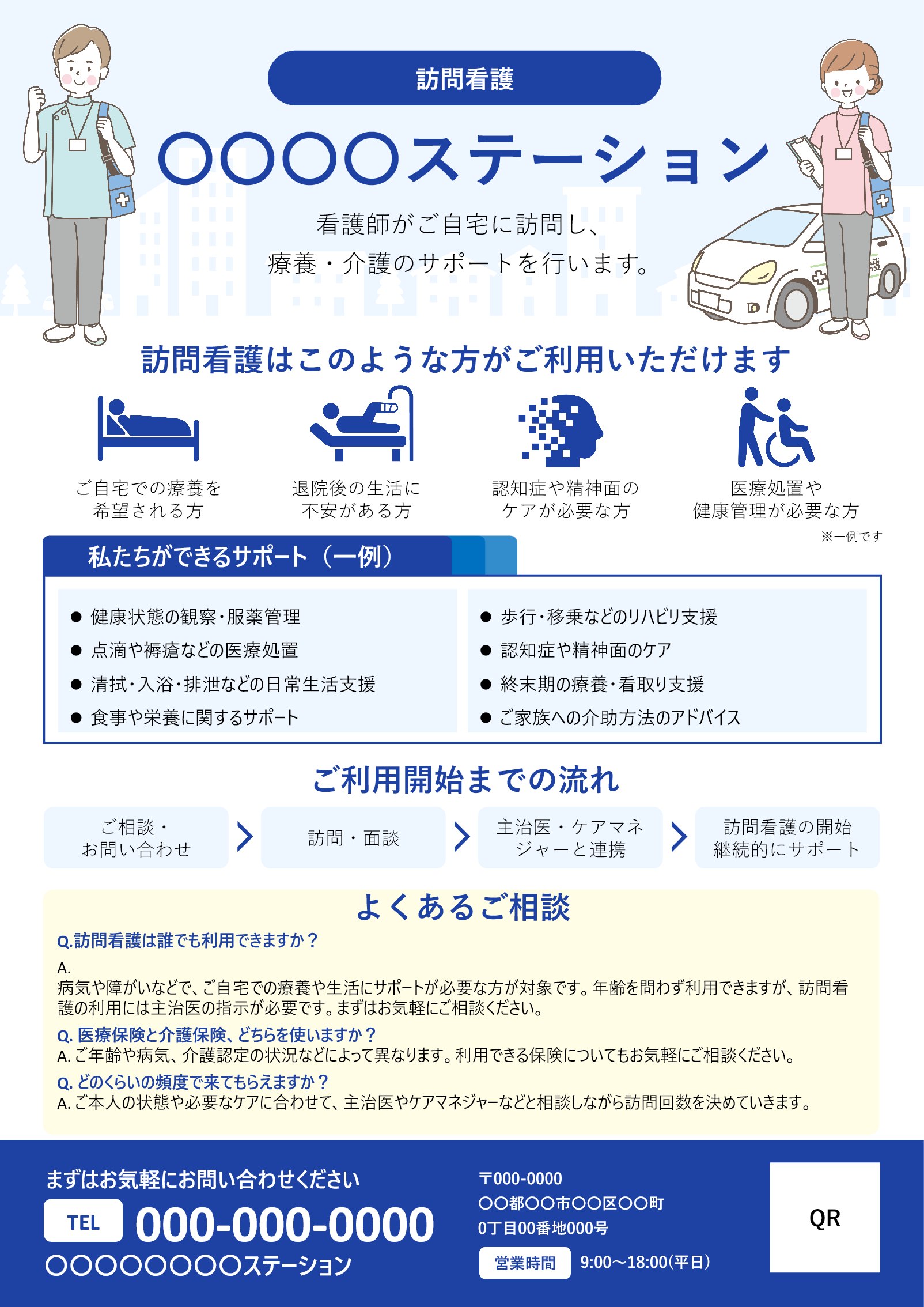 利用者さん・ご家族向けの訪問看護サービス紹介チラシテンプレート見本